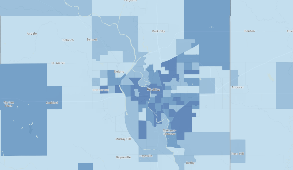 A map of Wichita showing rates of housing cost-burden.
